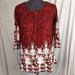 Women's Baikea 3/4 Sleeve Stretchy Blouse with Chest Pintucking Red & White 2XL